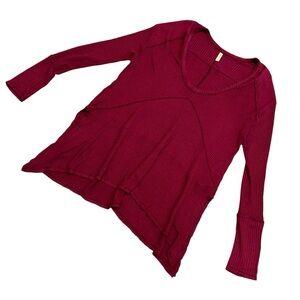 Free People Oversized Waffle Knit Long Sleeve Raw Edge Hem Top Women’s M Wine